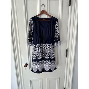 Reborn navy blue and white floral bell sleeve boho dress M